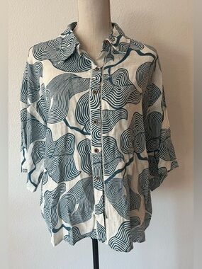 Anthropologie Teal and Cream Button-Down Printed Shirt